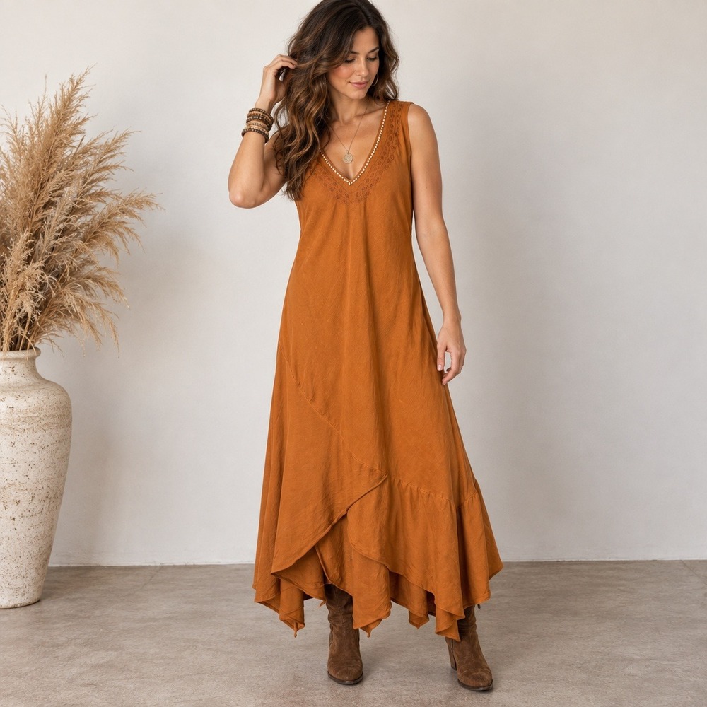 Ashley Stewart Asymmetric Boho Maxi Dress Size 18 Beaded Lagenlook Rustic Fall